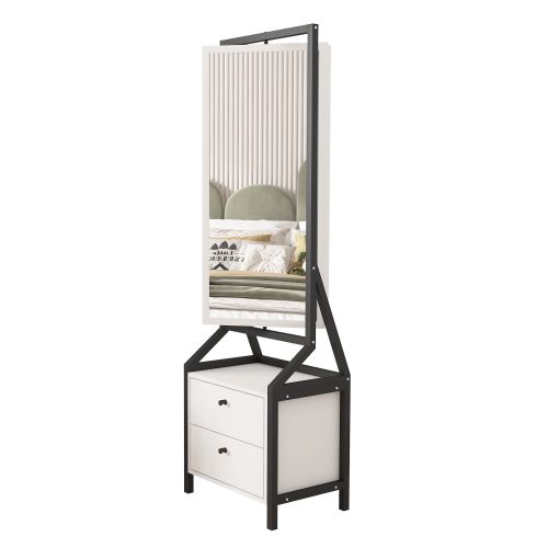 360° Swivel Jewelry Armoire & Makeup Mirror Cabinet With 2 Bottom Drawer, Rotates Freely, Spacious Storage Area, Hand-Painted & Artisan White Finish 360° Swivel Jewelry Armoire & Makeup Mirror Cabinet With 2 Bottom Drawer, Rotates Freely, Spacious Storage Area, Hand-Painted & Artisan White Finish