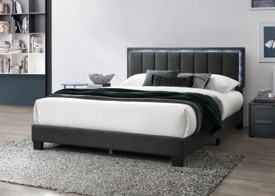 1pc Queen Size Bed Charcoal Wool Fabric Channel Tufting w LED Full Upholstered Bedframe Bedroom Bed